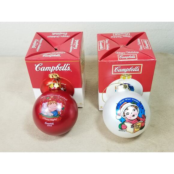 Campbell Ornament Soup Red 2001 A Good Night Mm Mm Good White 2004 x2 Vintage - Picture 1 of 13